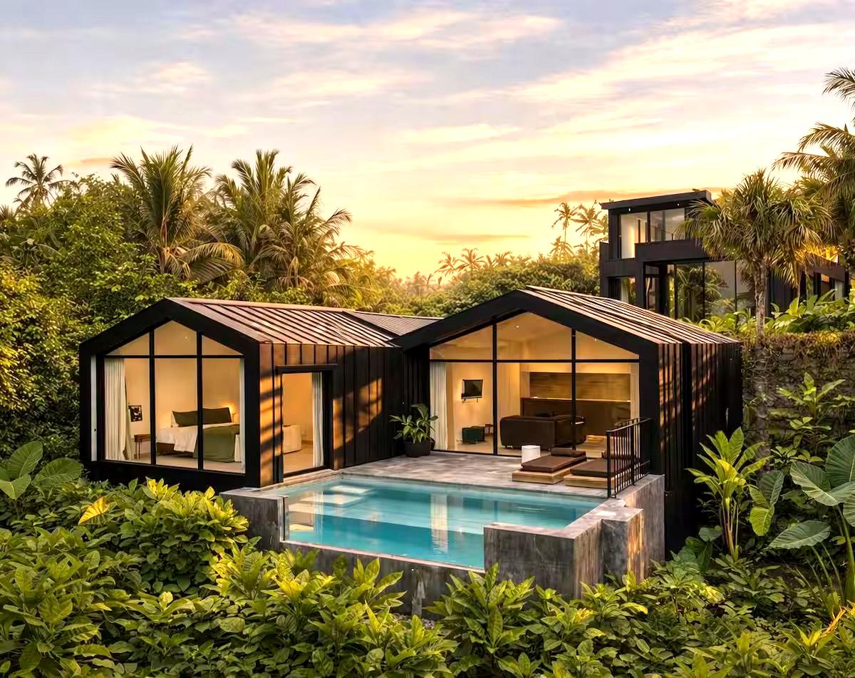 Modern black villas among palms at sunset in Bali