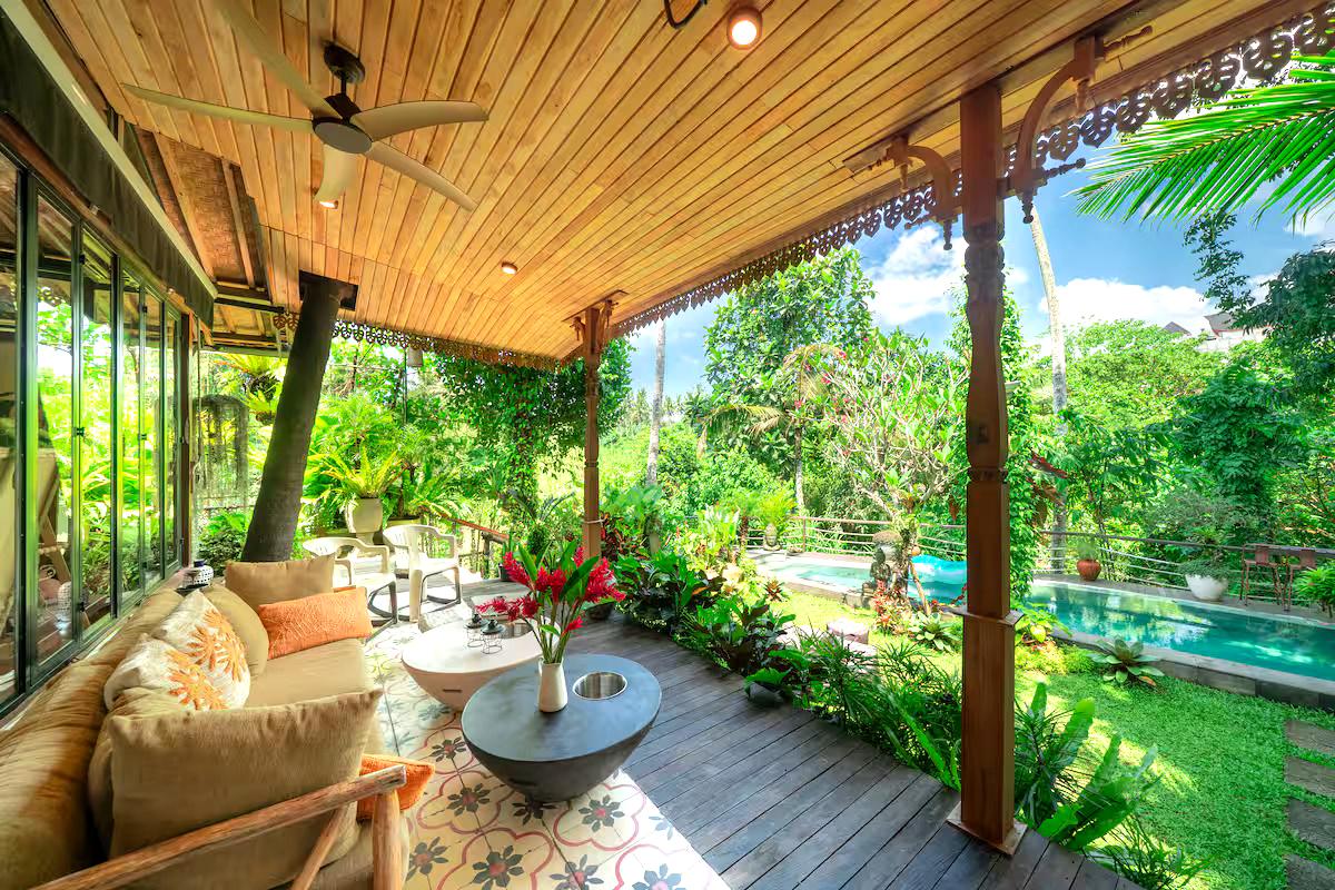 Covered terrace over a tropical garden in Bali